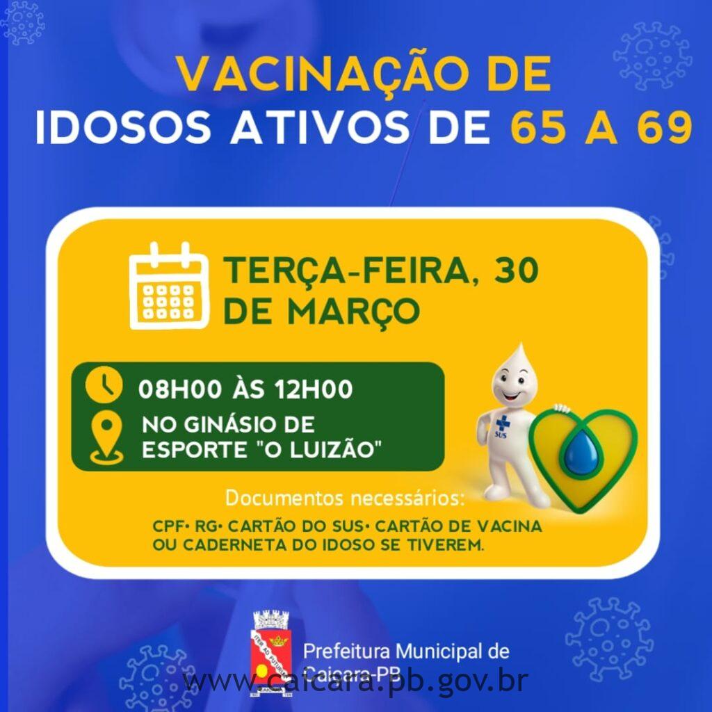 Vacinação de idosos ativos de 65 à 69 anos de idade acontecerá neste 30 de março